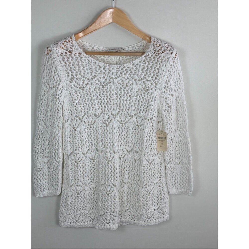 NWT Coldwater Creek White Diamond Pointelle Open Knit Sweater Medium